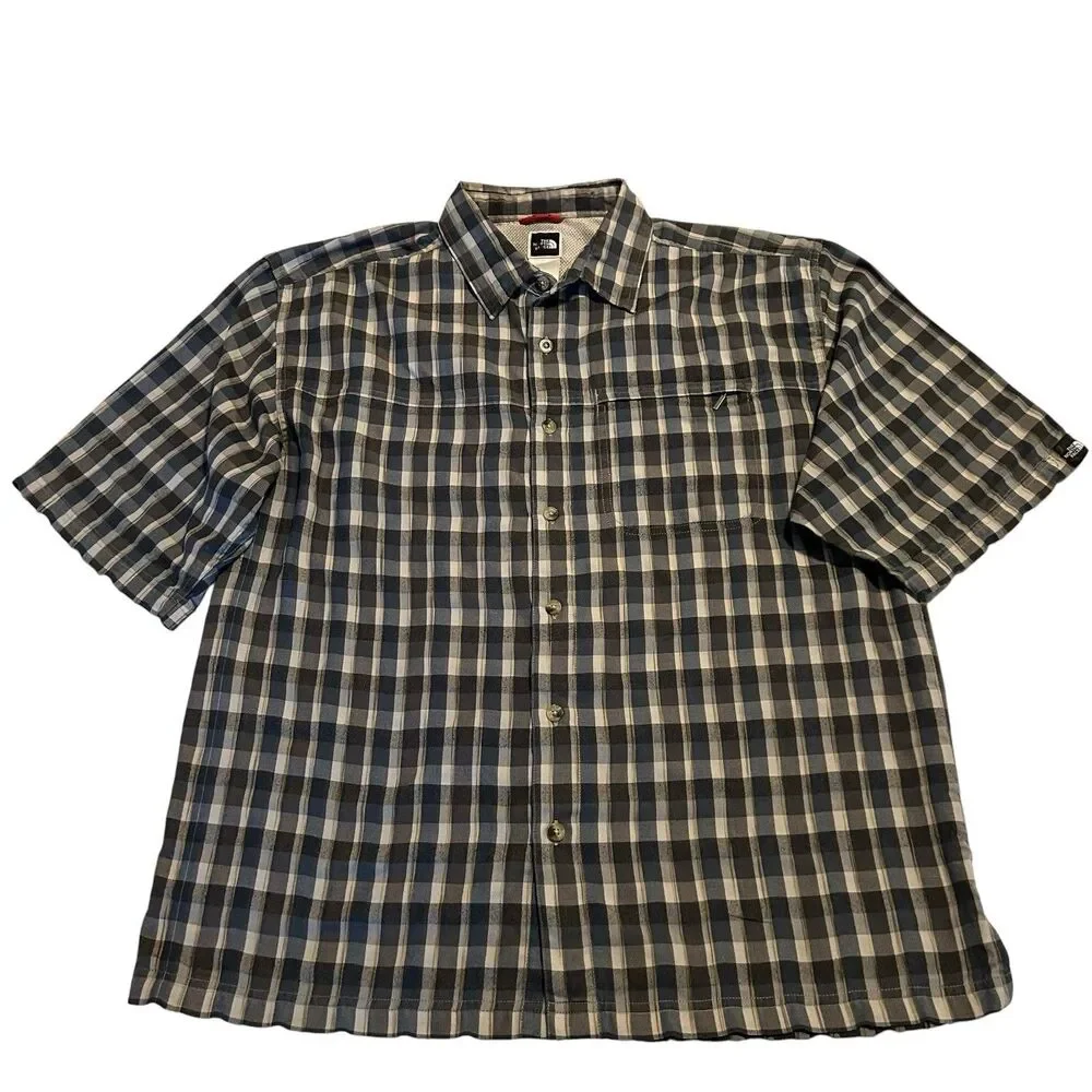 North Face Button Front Shirt Mens Size MED Short Sleeve Blue Gray Plaid Outdoor